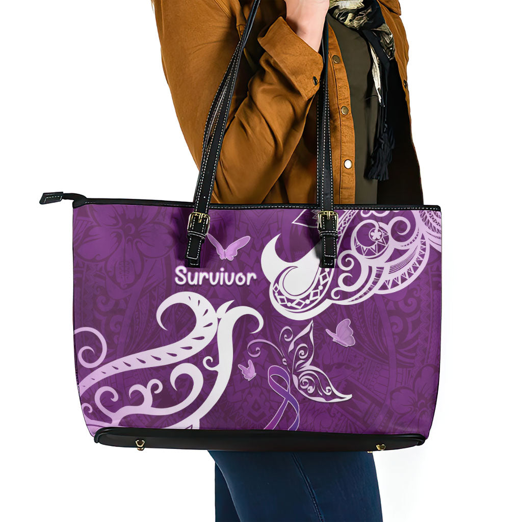 Fibromyalgia Support Leather Tote Bag Polynesian Purple Ribbon