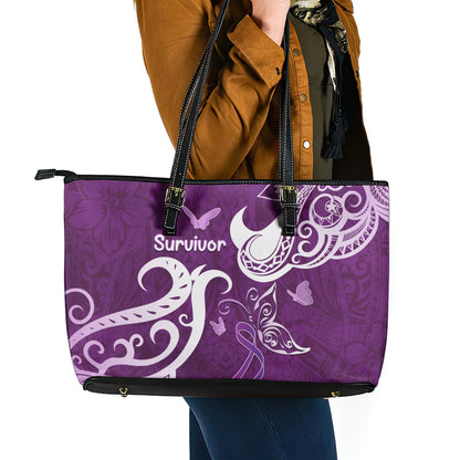 Fibromyalgia Support Leather Tote Bag Polynesian Purple Ribbon