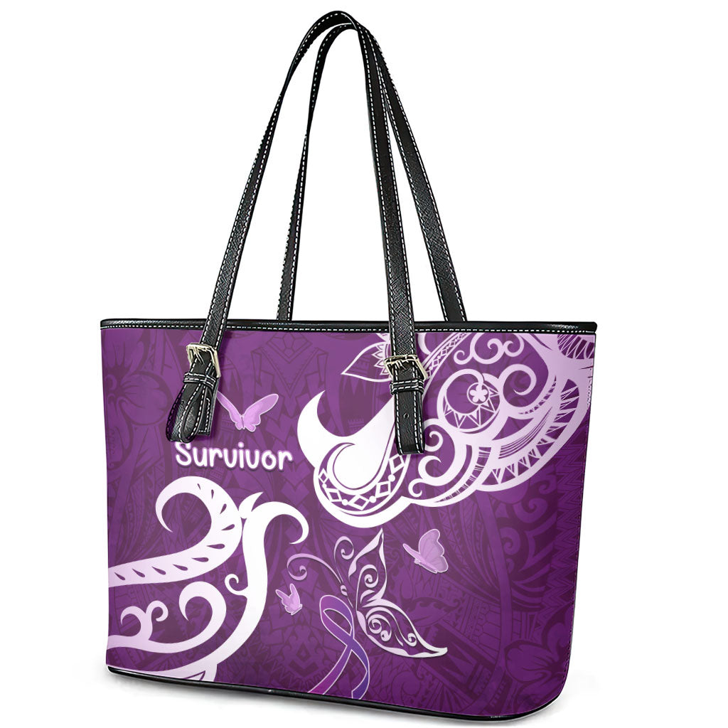 Fibromyalgia Support Leather Tote Bag Polynesian Purple Ribbon