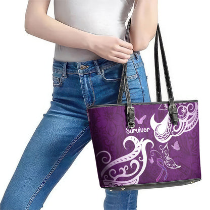 Fibromyalgia Support Leather Tote Bag Polynesian Purple Ribbon