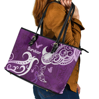 Fibromyalgia Support Leather Tote Bag Polynesian Purple Ribbon