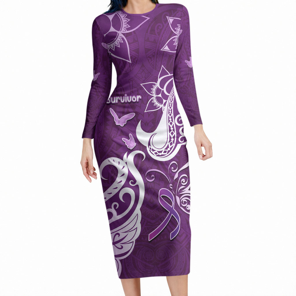 Personalised Fibromyalgia Support Long Sleeve Bodycon Dress Polynesian Purple Ribbon