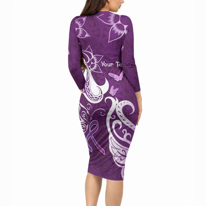 Personalised Fibromyalgia Support Long Sleeve Bodycon Dress Polynesian Purple Ribbon