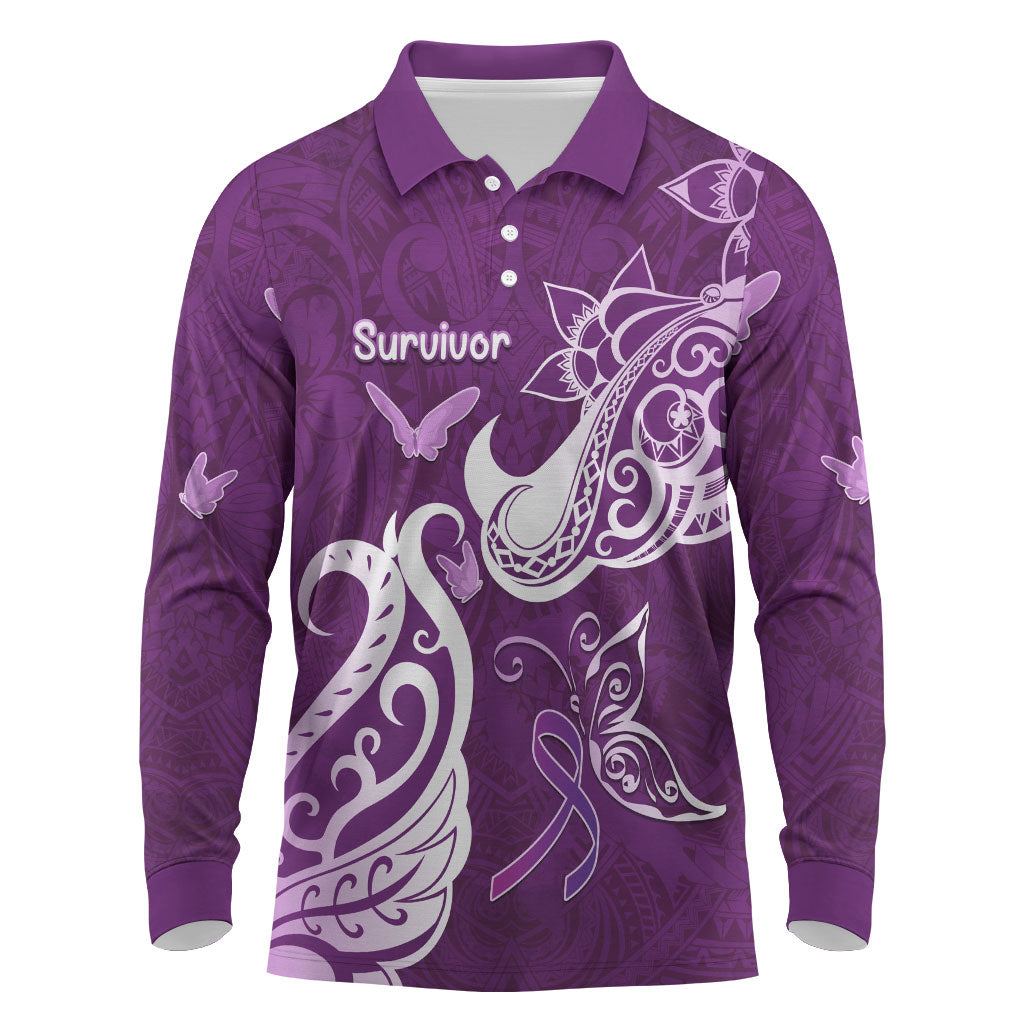 Personalised Fibromyalgia Support Long Sleeve Polo Shirt Polynesian Purple Ribbon