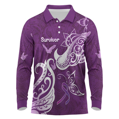 Personalised Fibromyalgia Support Long Sleeve Polo Shirt Polynesian Purple Ribbon