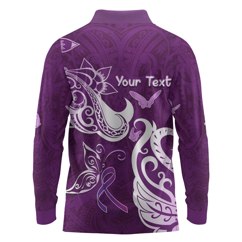 Personalised Fibromyalgia Support Long Sleeve Polo Shirt Polynesian Purple Ribbon