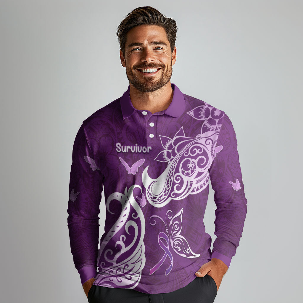 Personalised Fibromyalgia Support Long Sleeve Polo Shirt Polynesian Purple Ribbon