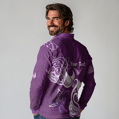 Personalised Fibromyalgia Support Long Sleeve Polo Shirt Polynesian Purple Ribbon