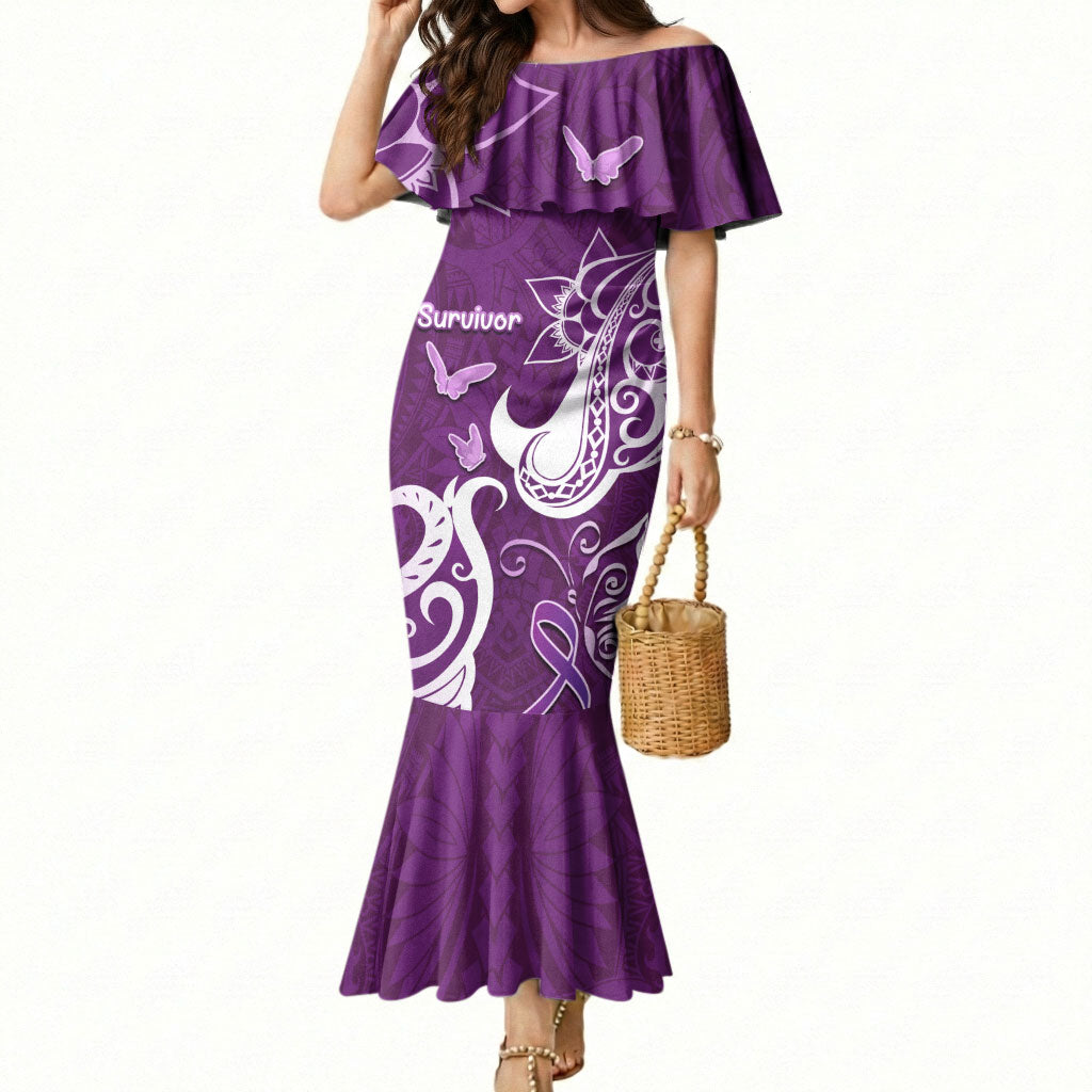 Personalised Fibromyalgia Support Mermaid Dress Polynesian Purple Ribbon