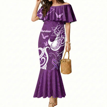 Personalised Fibromyalgia Support Mermaid Dress Polynesian Purple Ribbon