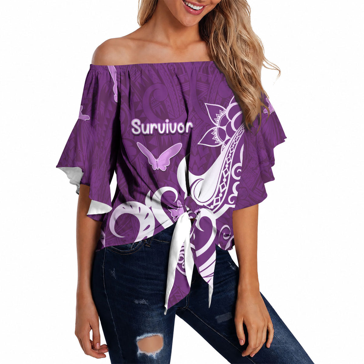 Personalised Fibromyalgia Support Off Shoulder Wrap Waist Top Polynesian Purple Ribbon