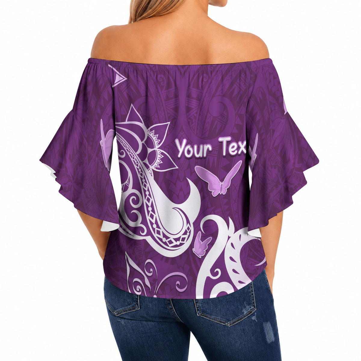 Personalised Fibromyalgia Support Off Shoulder Wrap Waist Top Polynesian Purple Ribbon