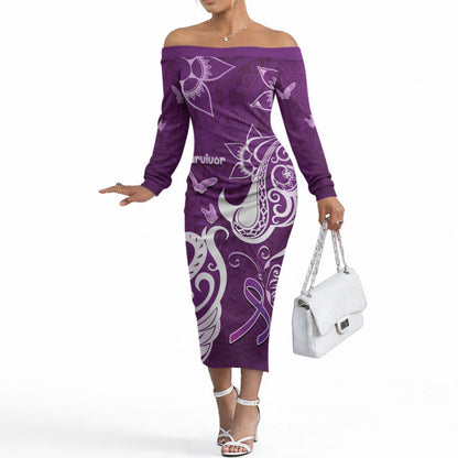 Personalised Fibromyalgia Support Off The Shoulder Long Sleeve Dress Polynesian Purple Ribbon