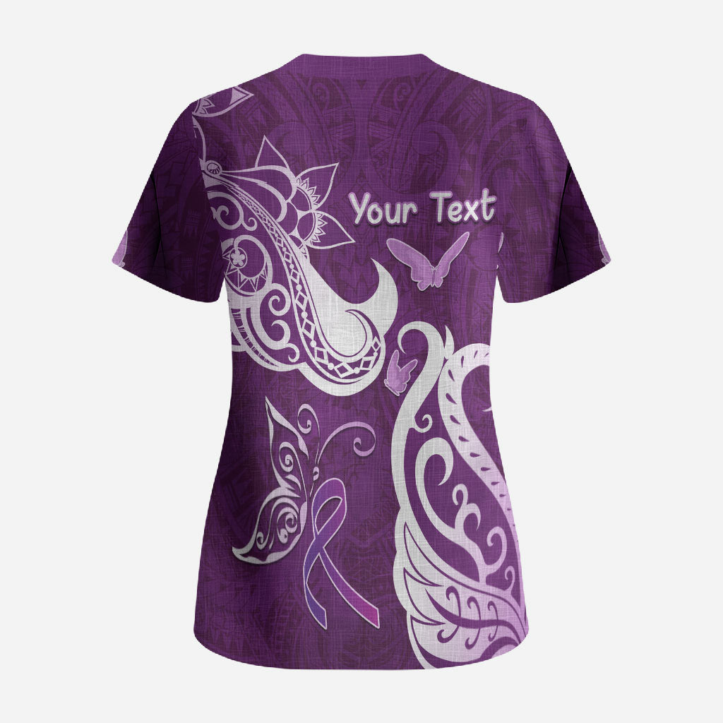 Personalised Fibromyalgia Support Scrub Top Polynesian Purple Ribbon