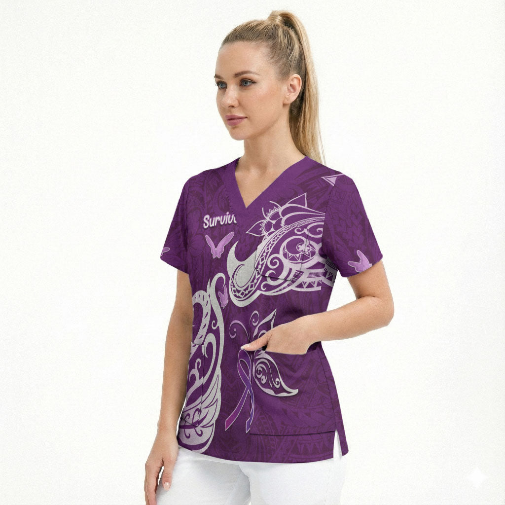 Personalised Fibromyalgia Support Scrub Top Polynesian Purple Ribbon