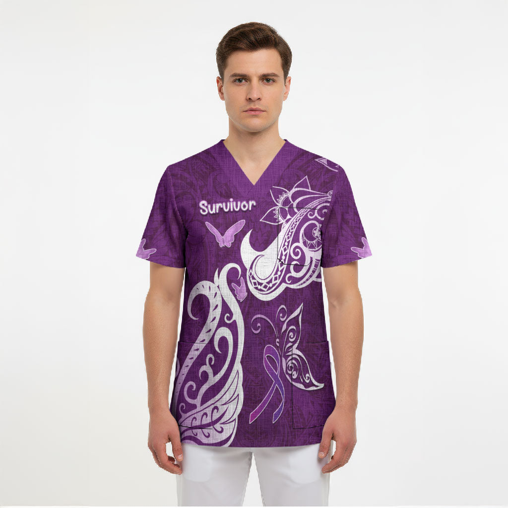 Personalised Fibromyalgia Support Scrub Top Polynesian Purple Ribbon