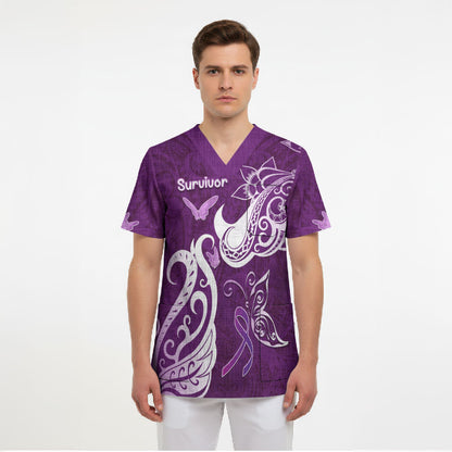 Personalised Fibromyalgia Support Scrub Top Polynesian Purple Ribbon