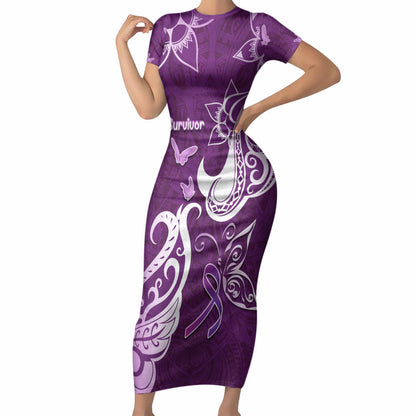 Personalised Fibromyalgia Support Short Sleeve Bodycon Dress Polynesian Purple Ribbon