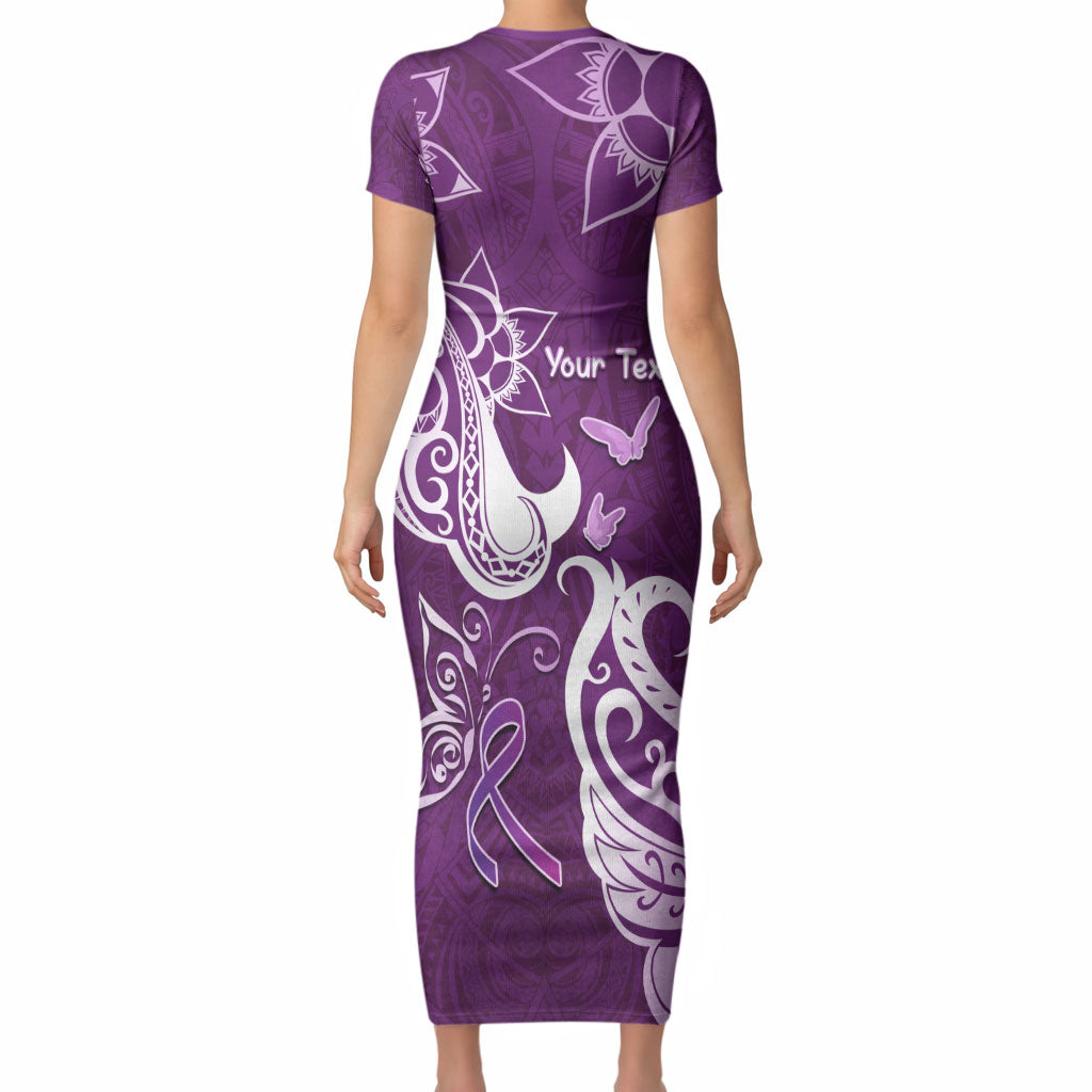 Personalised Fibromyalgia Support Short Sleeve Bodycon Dress Polynesian Purple Ribbon