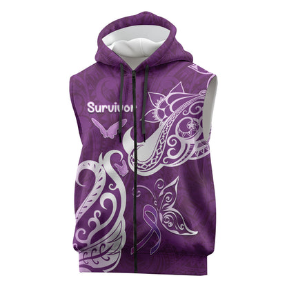 Personalised Fibromyalgia Support Sleeveless Zip Hoodie Polynesian Purple Ribbon