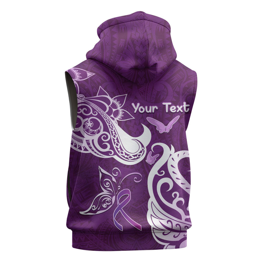 Personalised Fibromyalgia Support Sleeveless Zip Hoodie Polynesian Purple Ribbon