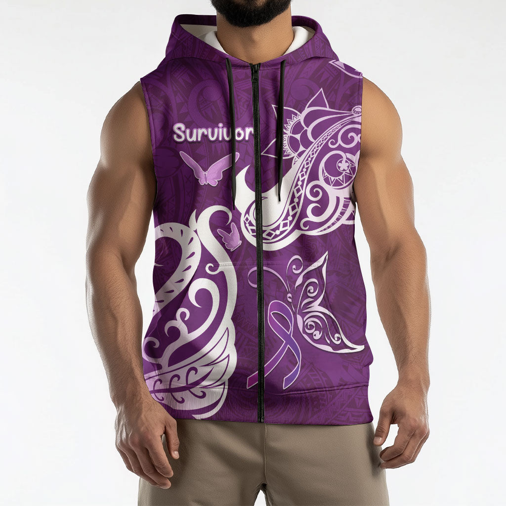 Personalised Fibromyalgia Support Sleeveless Zip Hoodie Polynesian Purple Ribbon