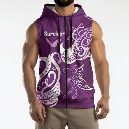 Personalised Fibromyalgia Support Sleeveless Zip Hoodie Polynesian Purple Ribbon