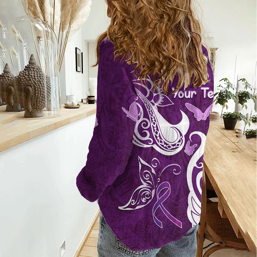 Personalised Fibromyalgia Support Women Casual Shirt Polynesian Purple Ribbon