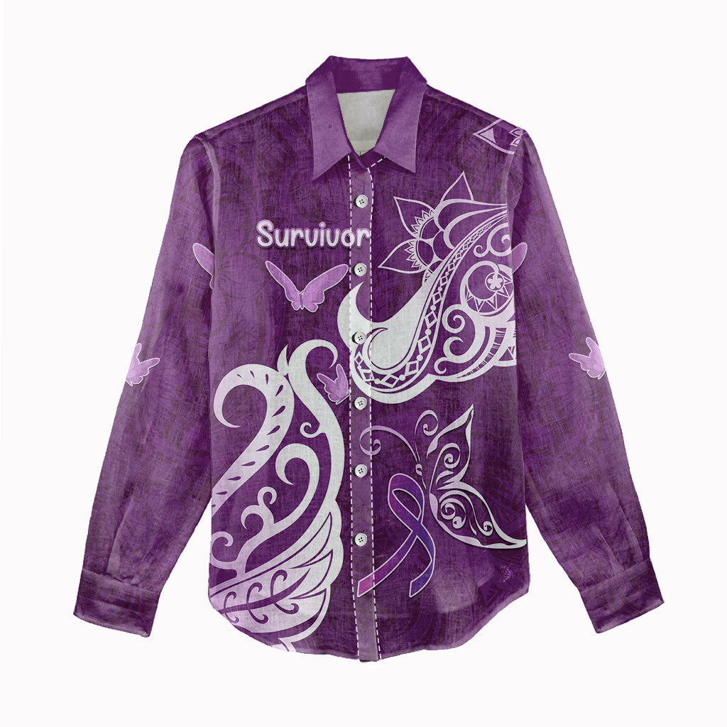 Personalised Fibromyalgia Support Women Casual Shirt Polynesian Purple Ribbon