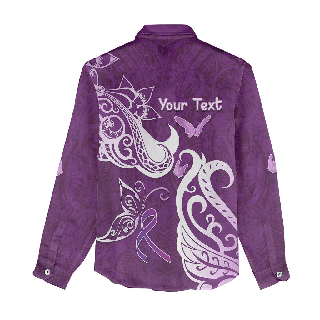 Personalised Fibromyalgia Support Women Casual Shirt Polynesian Purple Ribbon