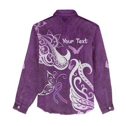 Personalised Fibromyalgia Support Women Casual Shirt Polynesian Purple Ribbon