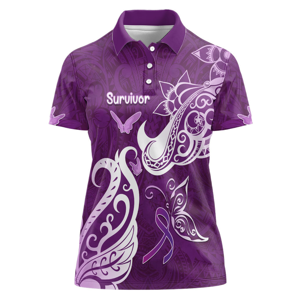 Personalised Fibromyalgia Support Women Polo Shirt Polynesian Purple Ribbon