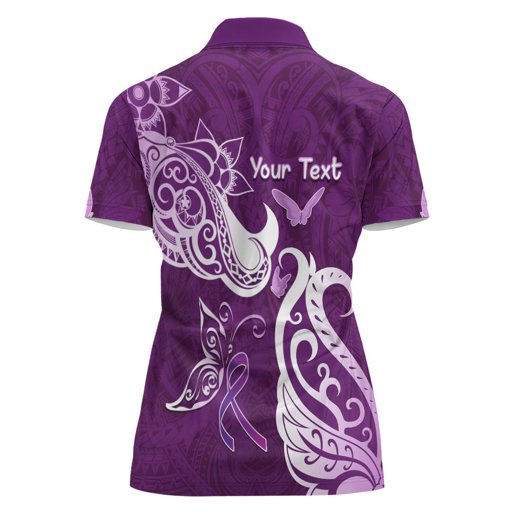 Personalised Fibromyalgia Support Women Polo Shirt Polynesian Purple Ribbon