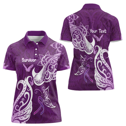 Personalised Fibromyalgia Support Women Polo Shirt Polynesian Purple Ribbon