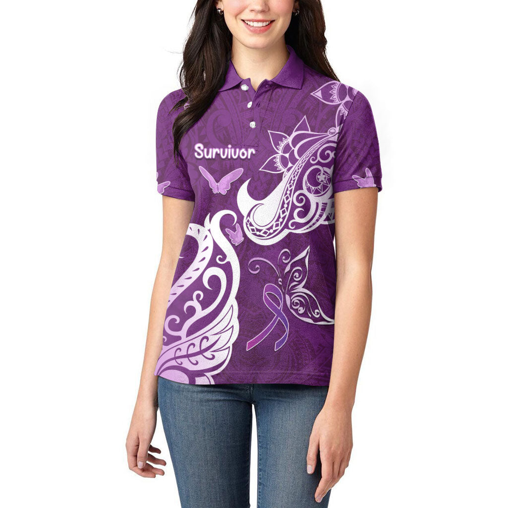 Personalised Fibromyalgia Support Women Polo Shirt Polynesian Purple Ribbon