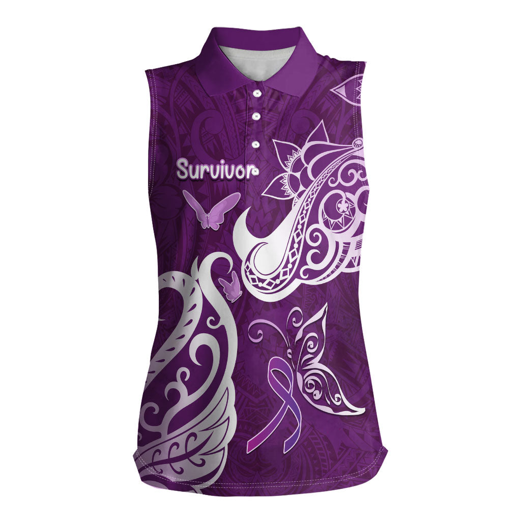 Personalised Fibromyalgia Support Women Sleeveless Polo Shirt Polynesian Purple Ribbon