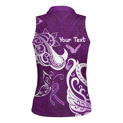 Personalised Fibromyalgia Support Women Sleeveless Polo Shirt Polynesian Purple Ribbon