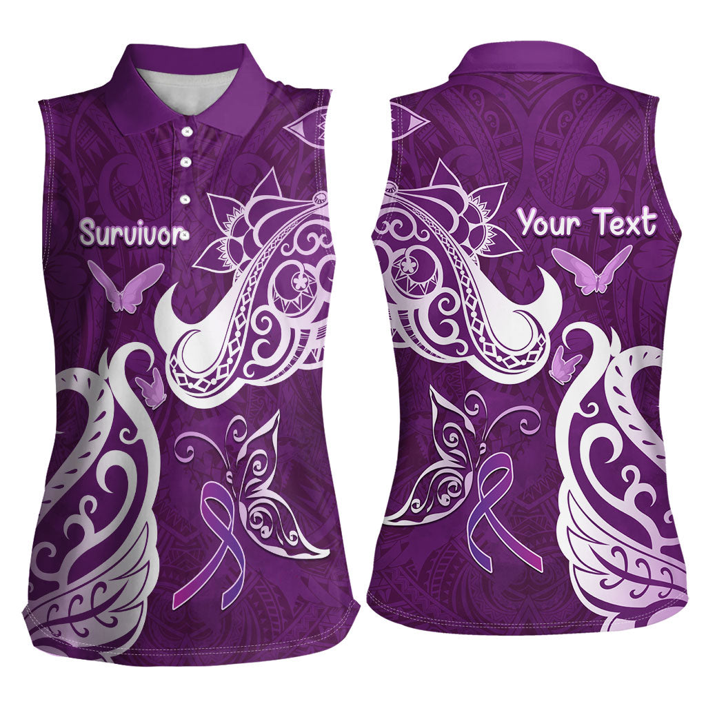 Personalised Fibromyalgia Support Women Sleeveless Polo Shirt Polynesian Purple Ribbon