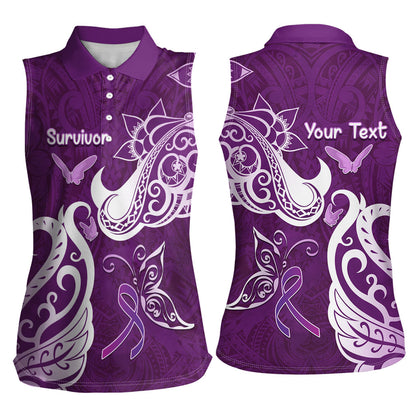 Personalised Fibromyalgia Support Women Sleeveless Polo Shirt Polynesian Purple Ribbon