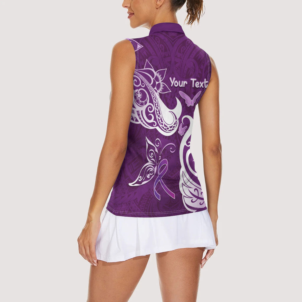 Personalised Fibromyalgia Support Women Sleeveless Polo Shirt Polynesian Purple Ribbon