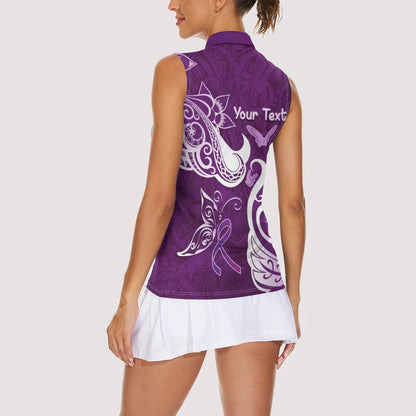 Personalised Fibromyalgia Support Women Sleeveless Polo Shirt Polynesian Purple Ribbon