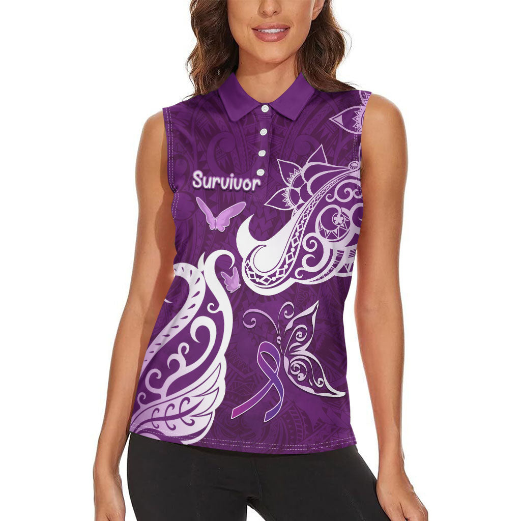 Personalised Fibromyalgia Support Women Sleeveless Polo Shirt Polynesian Purple Ribbon