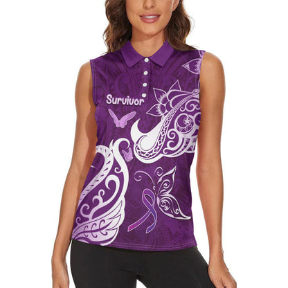 Personalised Fibromyalgia Support Women Sleeveless Polo Shirt Polynesian Purple Ribbon