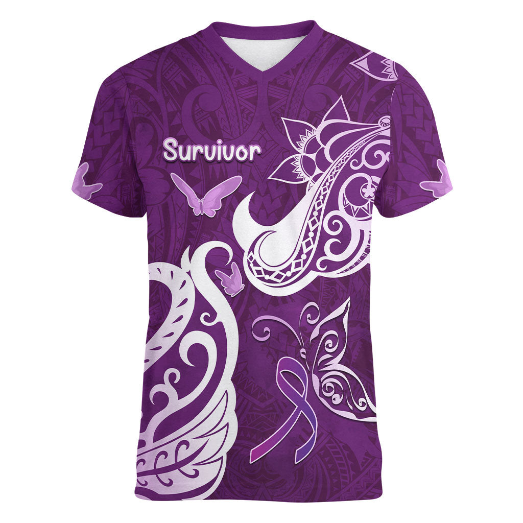 Personalised Fibromyalgia Support Women V-Neck T-Shirt Polynesian Purple Ribbon