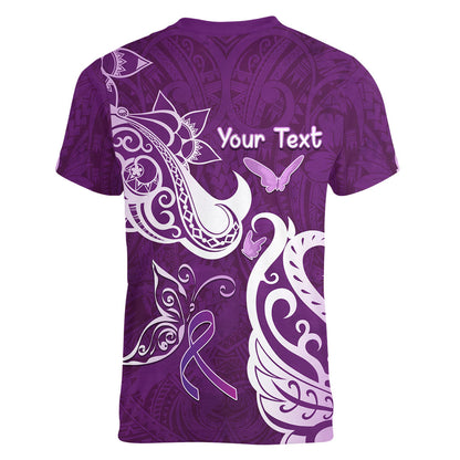 Personalised Fibromyalgia Support Women V-Neck T-Shirt Polynesian Purple Ribbon
