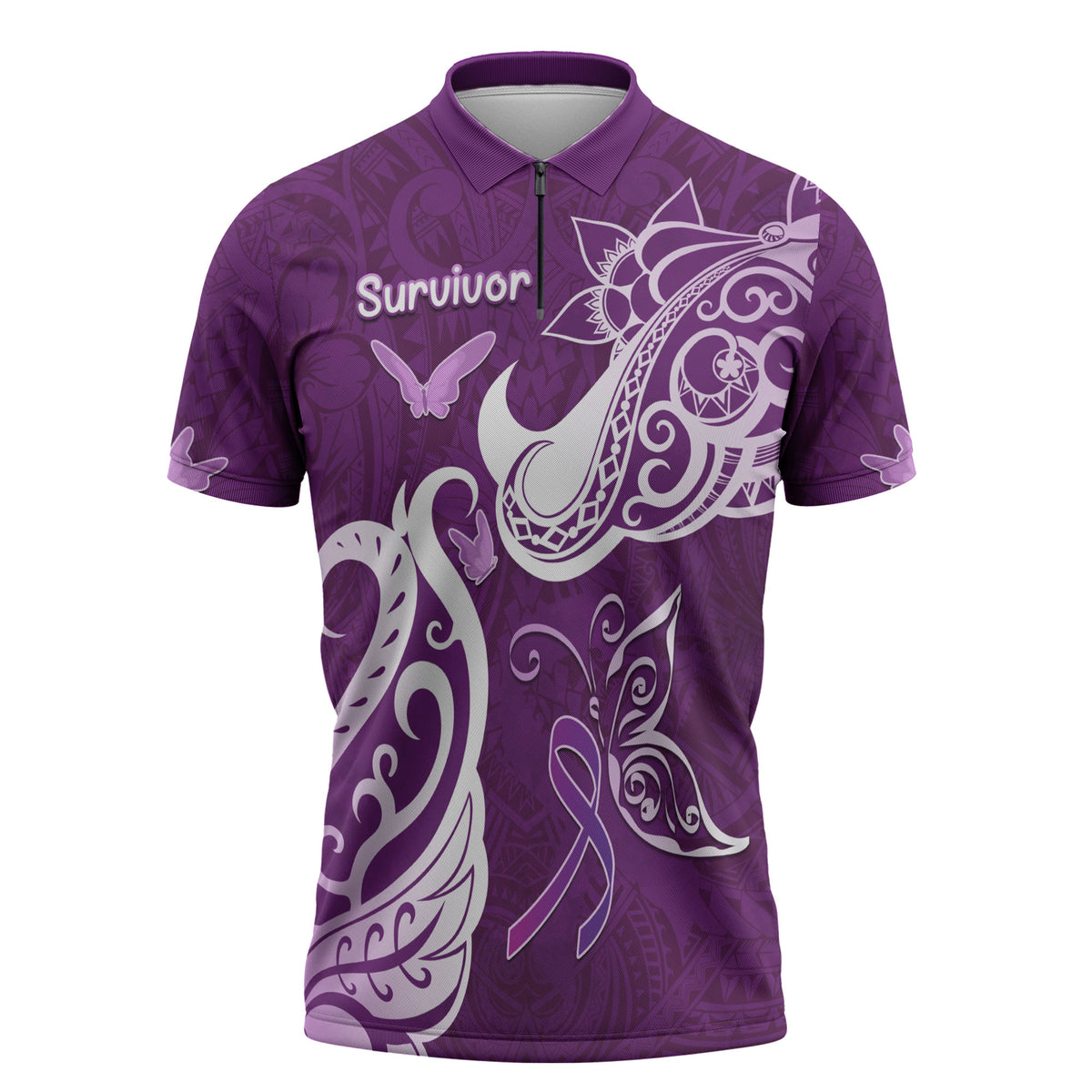 Personalised Fibromyalgia Support Zipper Polo Shirt Polynesian Purple Ribbon