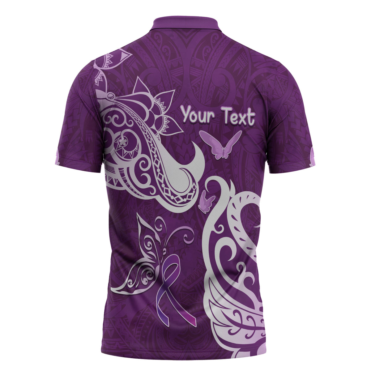 Personalised Fibromyalgia Support Zipper Polo Shirt Polynesian Purple Ribbon
