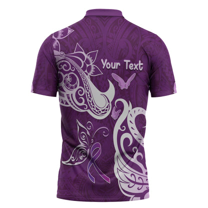 Personalised Fibromyalgia Support Zipper Polo Shirt Polynesian Purple Ribbon