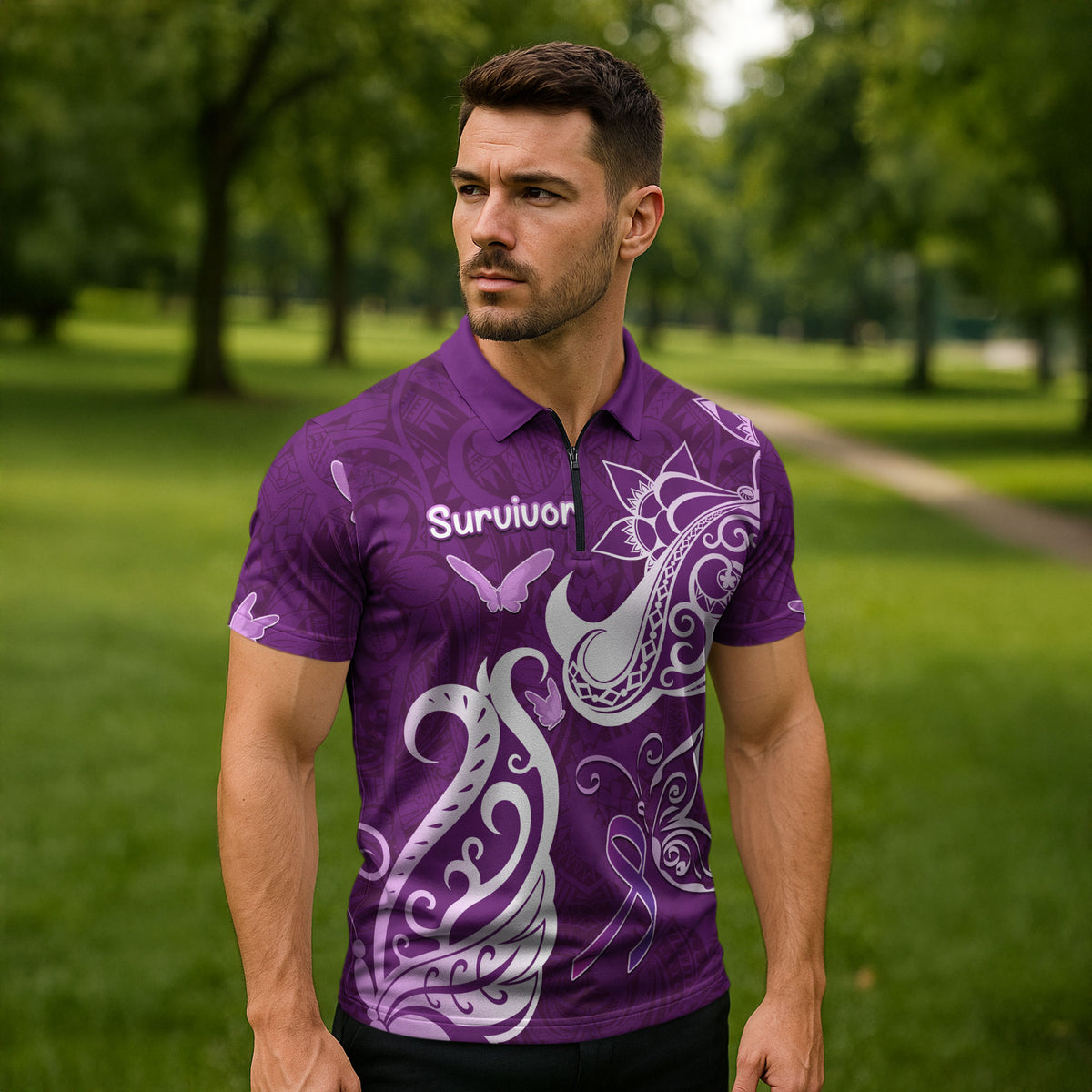 Personalised Fibromyalgia Support Zipper Polo Shirt Polynesian Purple Ribbon