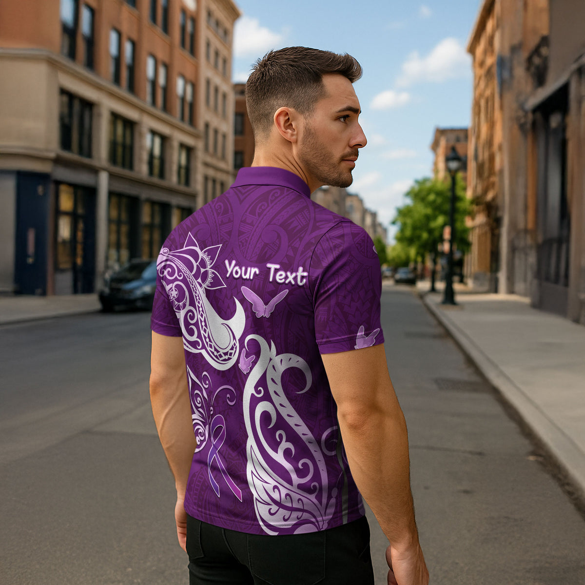 Personalised Fibromyalgia Support Zipper Polo Shirt Polynesian Purple Ribbon